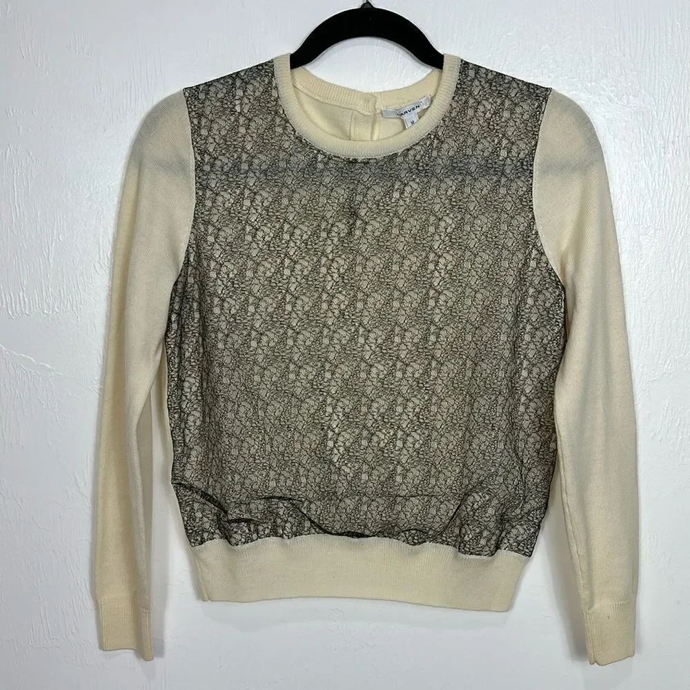 Carven Ivory Wool Long Sleeve Lace Overlay Crew Neck Sweater Size M